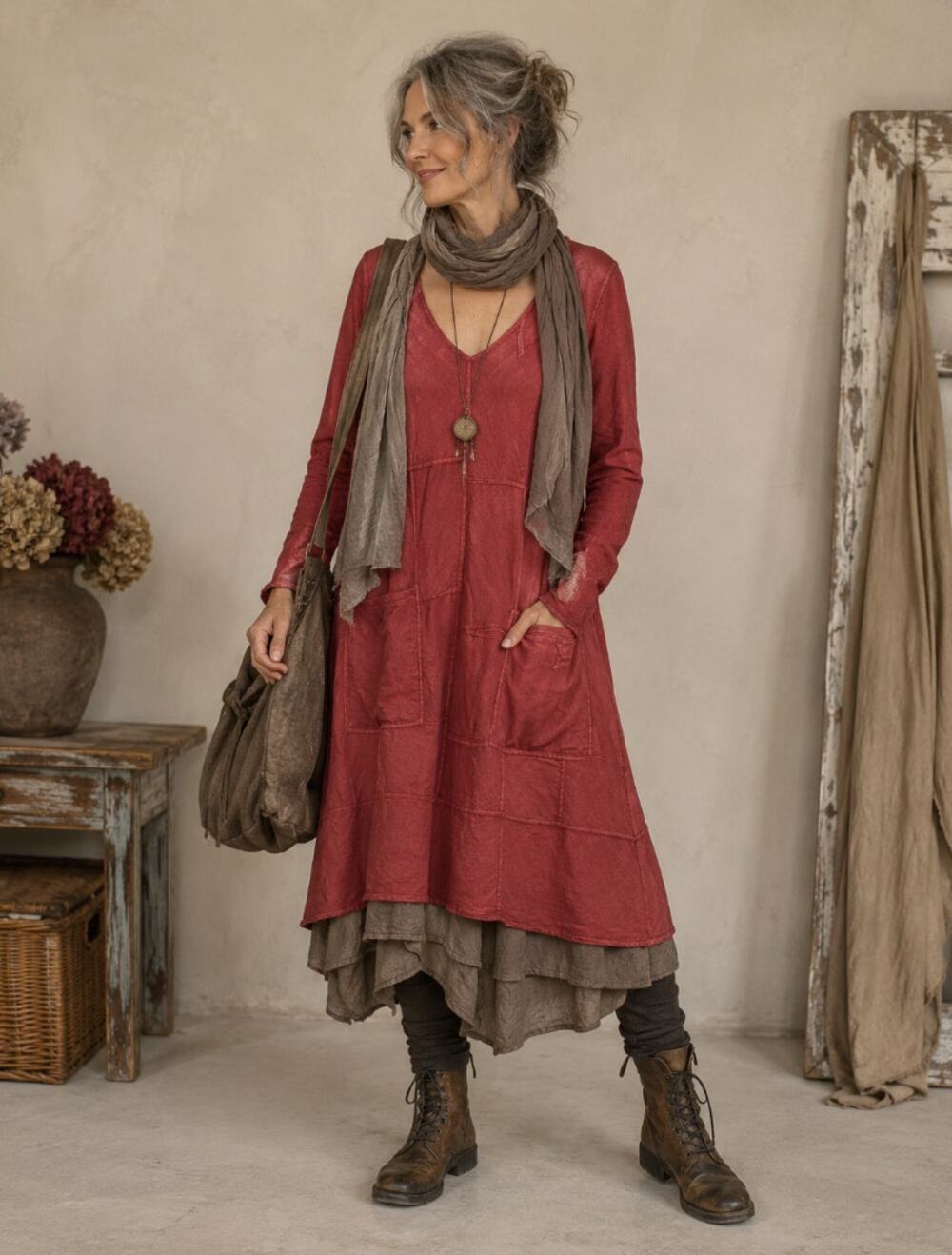 CYNTHIA ASHBY 100% Linen Patchwork Midi Dress Washed Red Sz XL $279 {3F26}